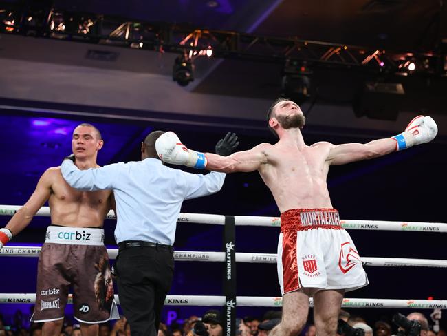 Bakhram Murtazaliev celebrates his win over Tim Tszyu. Picture: Tom Pombart / No Limit Boxing