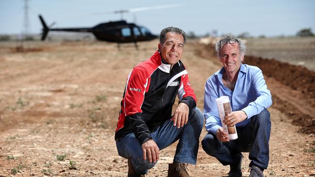 Sam Shahin and FIM Safety officer Franco Uncini last month at the start/finish line of the SA Motor Sport Park race track, being built at Tailem Bend. Picture: Mike Burton