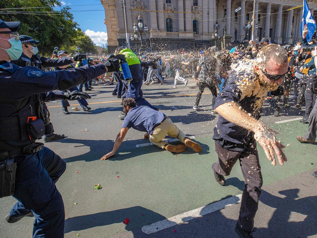 A man is pepper sprayed during the protest in Melbourne. Picture: Jason Edwards