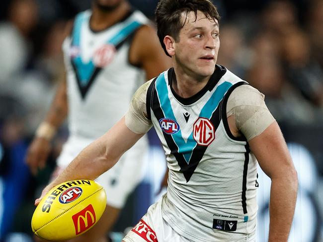 MELBOURNE, AUSTRALIA - JULY 26: Zak Butters of the Power in action during the 2024 AFL Round 20 match between the Carlton Blues and the Port Adelaide Power at Marvel Stadium on July 26, 2024 in Melbourne, Australia. (Photo by Michael Willson/AFL Photos via Getty Images)