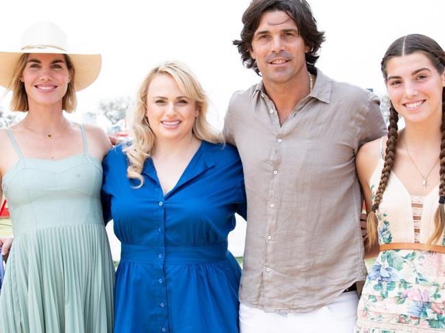 Defina Blaquier, Rebel Wilson, Nacho Figueras and daughter Aurora at the Magic Millions Polo on the Gold Coast. Picture by Luke Marsden.