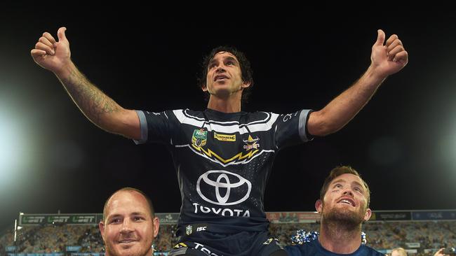 North Queensland Cowboys v Parramatta Eels from 1300 Smiles Stadium, Townsville. Cowboyus Johnathan Thurston is carried off the field by team mates Matt Scott and Gavin Cooper. Picture: Zak Simmonds