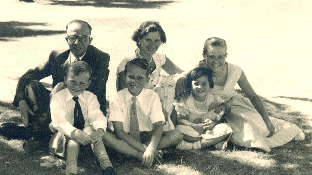 Australia’s oldest living person, Catherina van der Linden with husband John and their four children (L-R) Garrath, Jerome, Margherita and Mariella, at Glenelg in 1958. Picture: Supplied