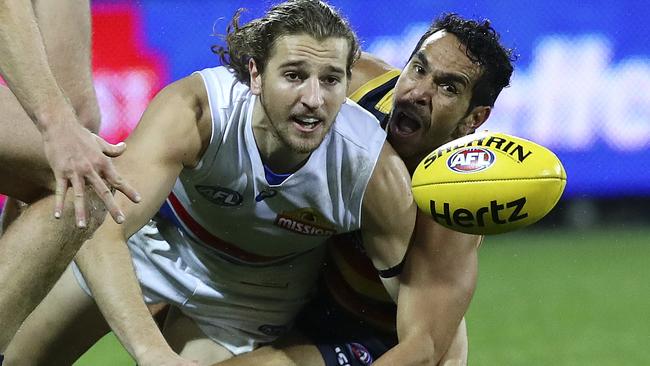 Marcus Bontempelli and Eddie Betts. Picture: Sarah Reed