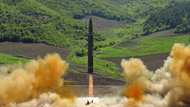 FILE - This file photo distributed by the North Korean government shows what was said to be the launch of a Hwasong-14 intercontinental ballistic missile, ICBM, in North Korea's northwest.