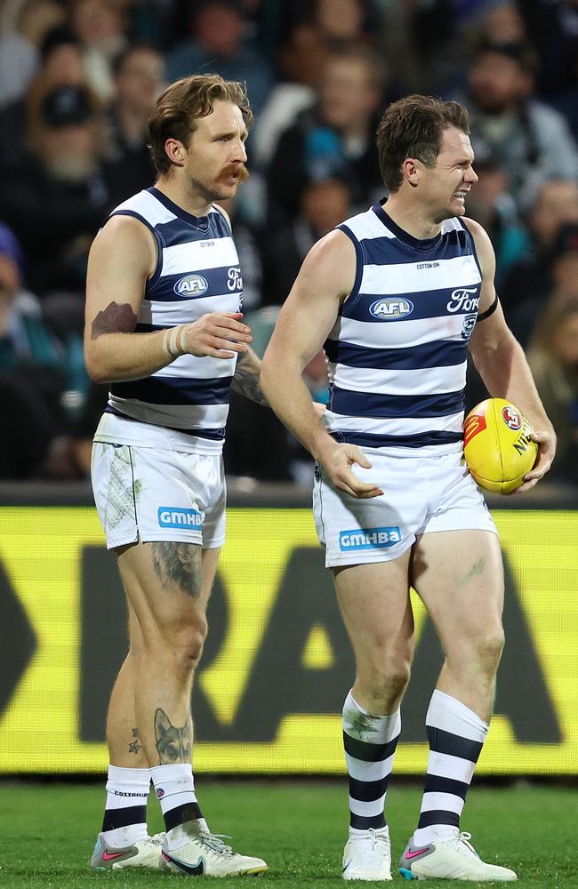 Patrick Dangerfield looks afield after his knock. Picture: Sarah Reed/AFL Photos via Getty Images