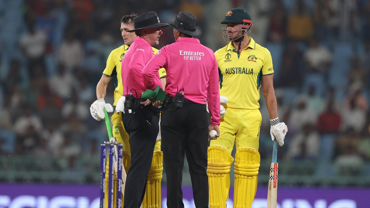 Marcus Stoinis and Marnus Labuschagne of Australia argue their point. Photo by Robert Cianflone/Getty Images.