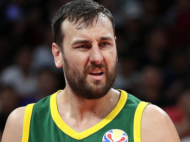 BEIJING, CHINA - SEPTEMBER 13:  Andrew Bogut of Australia reacts after lose the game against Spain during the semi-finals of 2019 FIBA World Cup match between Spain and Australia at Beijing Wukesong Sport Arena on September 13, 2019 in Beijing, China.  (Photo by Lintao Zhang/Getty Images)