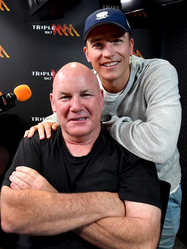 Andrew Jarman and Bernie Vince at the Triple M Studios in Adelaide. Picture: AAP Image/Sam Wundke.