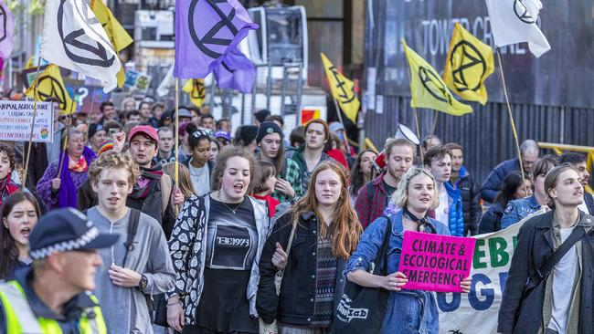 Protesters march through Melbourne’s streets on Wednesday. Picture: Daniel Pockett/Getty Images