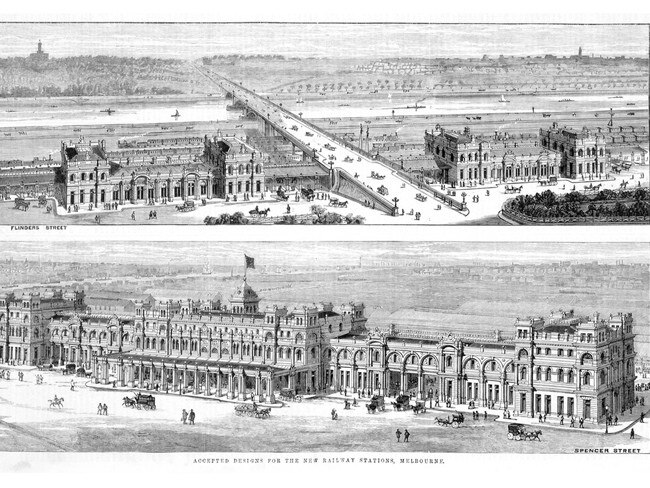 An alternative design for Flinders St Station with wings either side of the Princes Bridge and, below, an alternative plan for Spencer St Station. Picture: State Library of Victoria