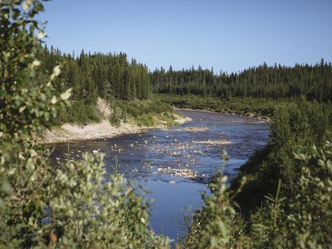 A view of the remote wilderness landscape near where a burned out Toyota Rav4 driven by Kam McLeod and Bryer Schmegelsky was found near Gillam, Manitoba, Canada. Picture: Angus Mordant for News Corp Australia