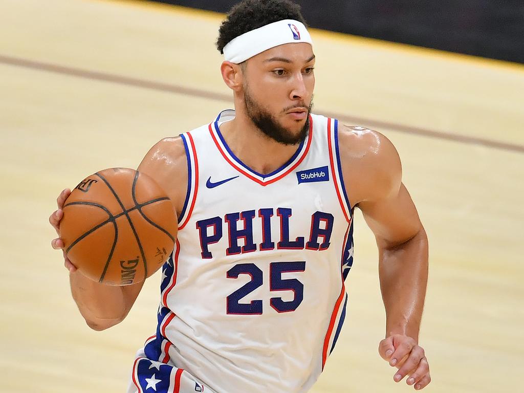 Ben Simmons brings the ball up court against the Cleveland Cavaliers in April this year. Picture: Jason Miller/Getty Images