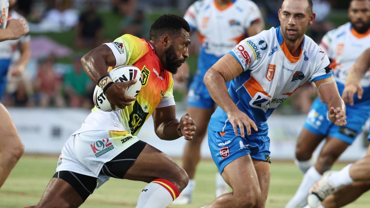 Hunters' Lynchill Kiap runs the ball up in the Queensland Rugby League (QRL) match between the Northern Pride and the PNG Hunters, held at Barlow Park. Picture: Brendan Radke