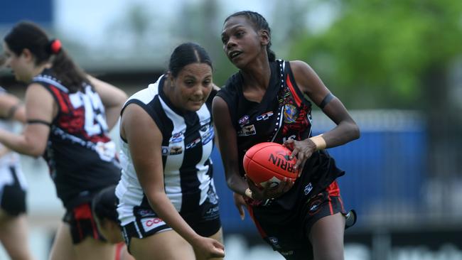 Maria Rioli for Tiwi Bombers in round one of the NTFL 22/23 season. Picture: (A)manda Parkinson