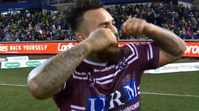 Addin Fonua-Blake was caught waving to Canberra fans and gesturing that they should have a cry after Manly’s win.