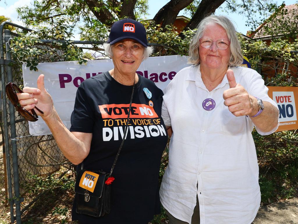 Jeanette Glasgow, left, and Carol Nevin, right, at the Glebe Road Kindy where voting in the Referendum on the Voice took place. Picture: Tertius Pickard