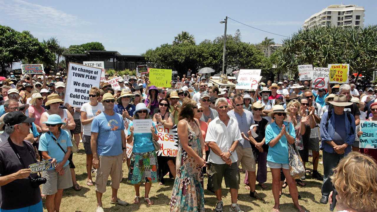 Development Watch spokesperson Julie Failor addresses the large crowd concerned about changing the town plan to suit developer Sekisui House during early protests in 2014. Photo Mike Garry / Coolum &amp; North Shore News. Picture: Mike Garry