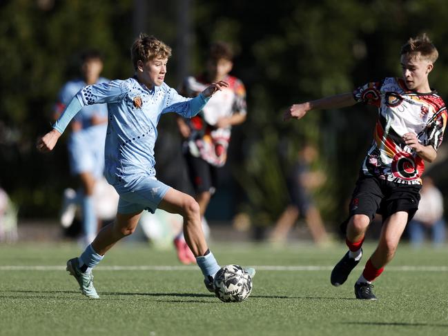 Ashton Hawkett. Picture: Michael Gorton. U16 Boys NAIDOC Cup at Lake Macquarie Regional Football Facility.