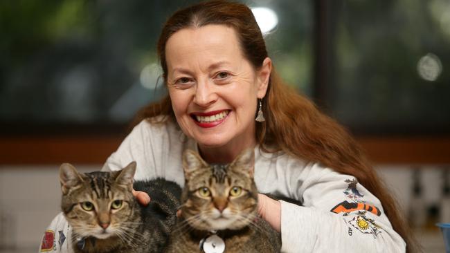 Judith Carter at her Faulconbridge home with her two rescue cats, Little Milo and Big Milo. Picture: Justin Sanson