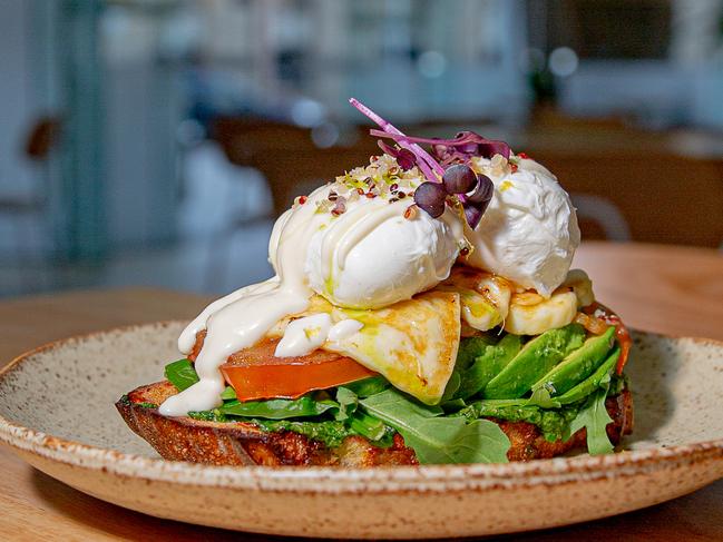 The sumptuous Halloumi stack is a breakfast hit at Lobby in the Lands building.Picture: Linda Higginson