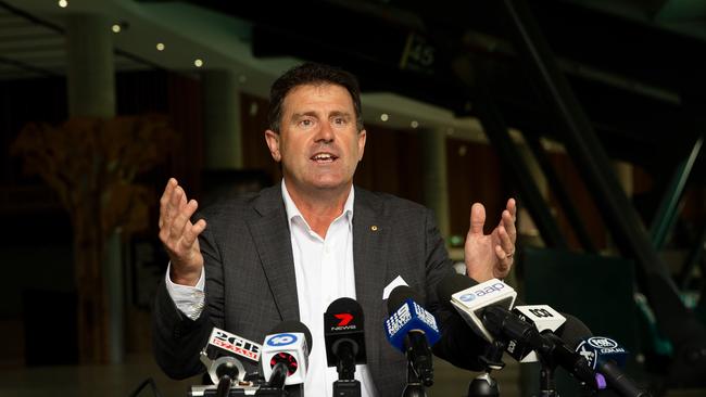 Former Australian captain Mark Taylor holds a press conference at the Sydney Cricket Ground and announces his decision to step down as Director of the Australian Cricket Board in Sydney, Monday, November 5, 2018. (AAP Image/Steve Christo) NO ARCHIVING, EDITORIAL USE ONLY, IMAGES TO BE USED FOR NEWS REPORTING PURPOSES ONLY, NO COMMERCIAL USE WHATSOEVER, NO USE IN BOOKS WITHOUT PRIOR WRITTEN CONSENT FROM AAP