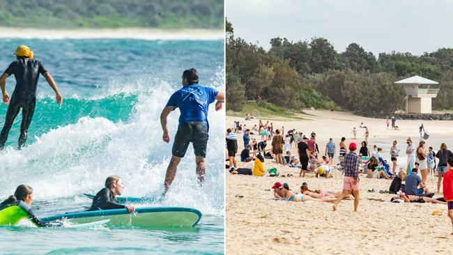 Thousands flock to the beach at Noosa on day one of Queensland's lockdown. Photo: Lachie Millard