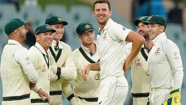 Josh Hazlewood of Australia celebrates the dismissal of Mohammad Rizwan of Pakistan during day 4 of the second Test Match between Australia and Pakistan. Picture: AAP Image/Scott Barbour.