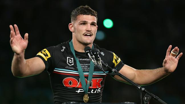 SYDNEY, AUSTRALIA - OCTOBER 01:  Nathan Cleary of the Panthers receives the Clive Churchill Medal after winning the 2023 NRL Grand Final match between Penrith Panthers and Brisbane Broncos at Accor Stadium on October 01, 2023 in Sydney, Australia. (Photo by Matt King/Getty Images)