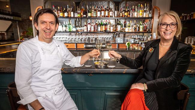 Lord Mayor Sally Capp and Andrew McConnell at his new restaurant, Gimlet. Picture: Jake Nowakowski