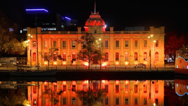 TMAG lit up in red during Dark Mofo. Picture: LUKE BOWDEN