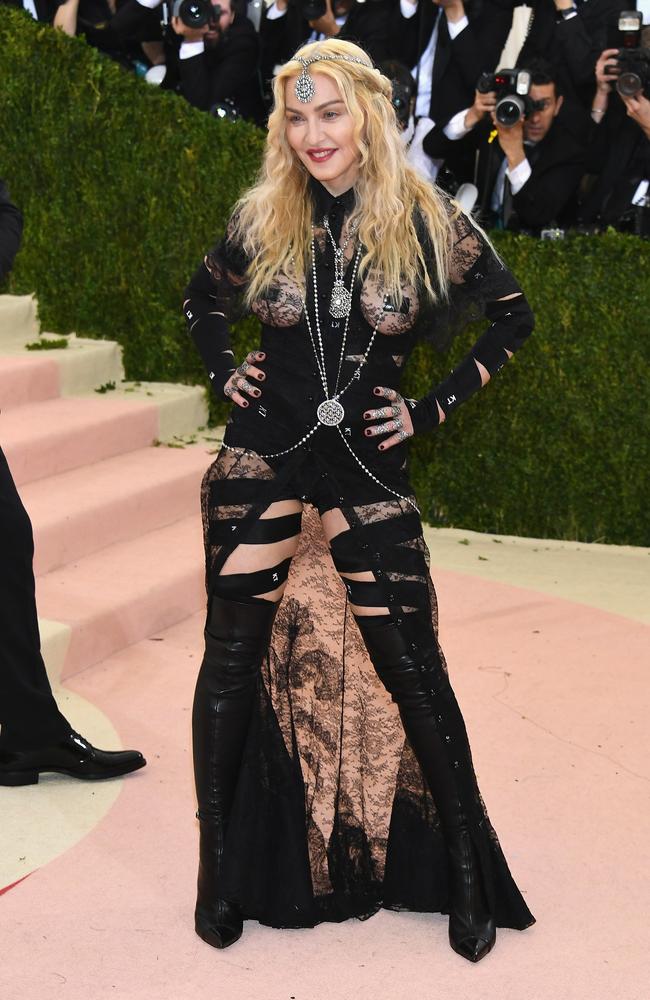 The Material Girl’s bondage-style Givenchy ensemble exposed just about everything. Picture: Larry Busacca/Getty Images