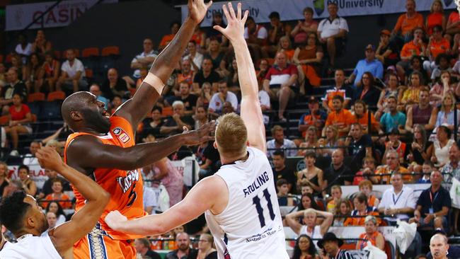 Nate Jawai shoots the ball in the National Basketball League (NBL) match between the Cairns Taipans and the Adelaide 36ers, held at the Cairns Convention Centre. PICTURE: BRENDAN RADKE.