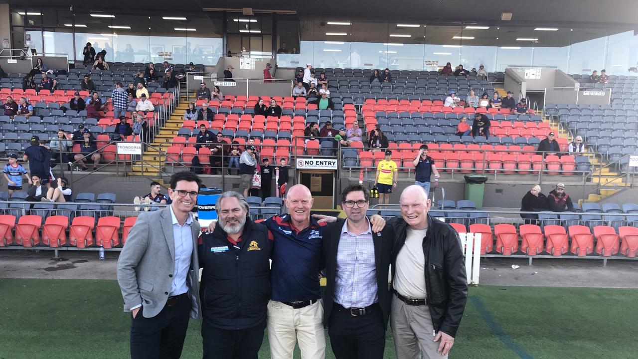 Enjoying the Western Clydesdales and CQ Capras game are (from left) QRL CEO Ben Ikin, Western Clydesdales CEO Shane Sullivan, Tony Coonan, Toowoomba Regional Council mayor Geoff McDonald and QRL chairman Bruce Hatcher.