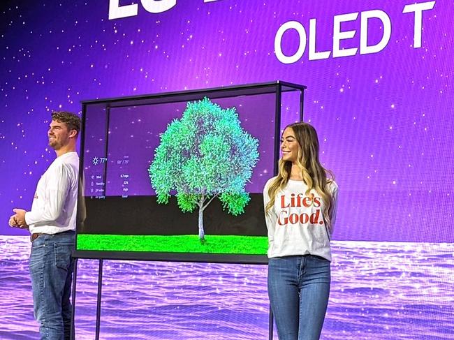 The new LG Signature OLED T TV, a transparent television, is presented at the Consumer Electronics Show (CES) in Las Vegas, Nevada on January 8, 2024. (Photo by Glenn CHAPMAN / AFP)