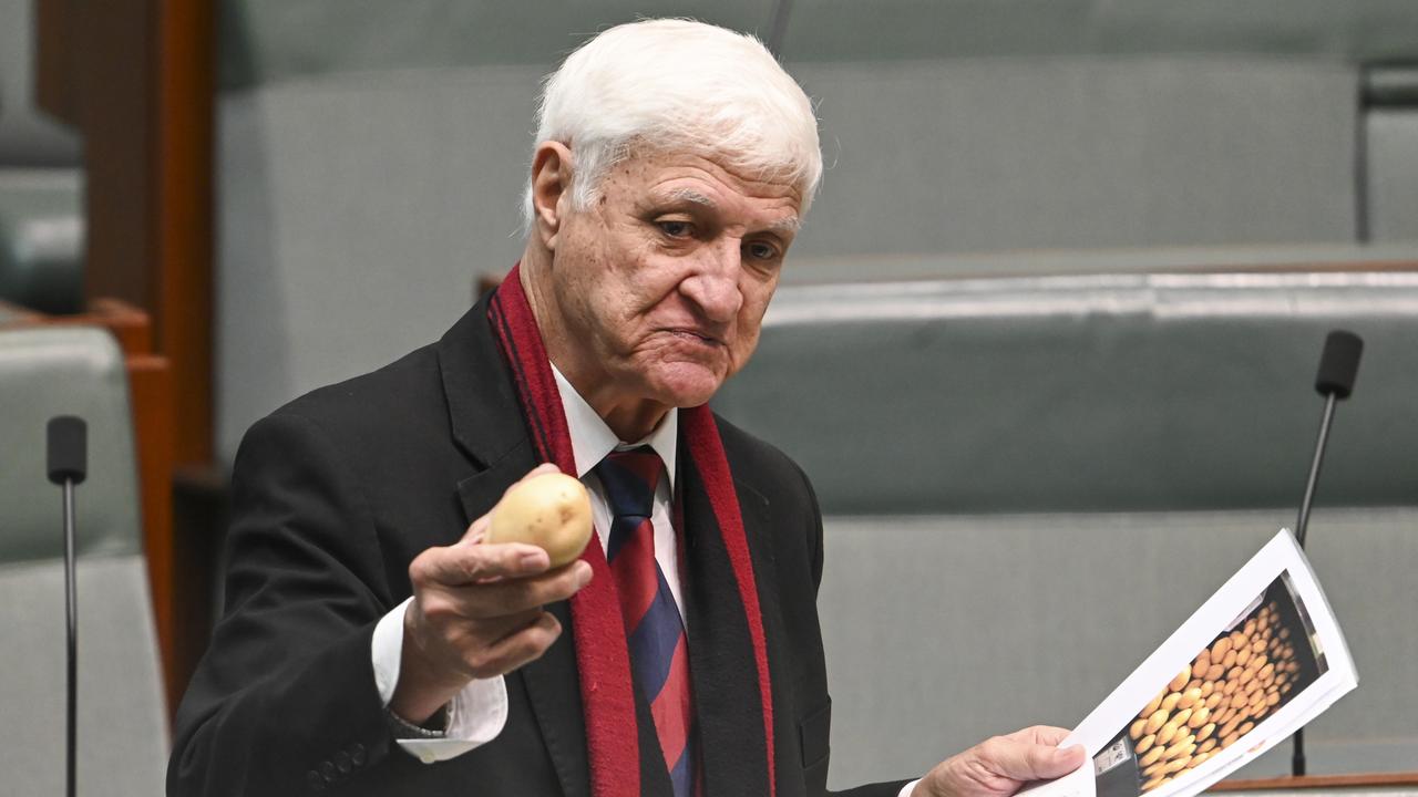 Bob Katter took aim at the supermarkets, using a potato as an example of them ripping of farmers. Picture: NCA NewsWire / Martin Ollman