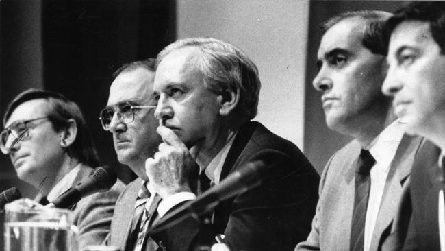 Long-time allies: The-then Liberal Party state secretary Nick Minchin (left) at a party conference in 1989 at the Adelaide Convention Centre, with the-then state Liberal leader John Olsen (second from right), the-then state president Bruce McDonald (right of Minchin), the-then federal opposition leader Andrew Peacock (centre) and Senator Robert Hill (right).