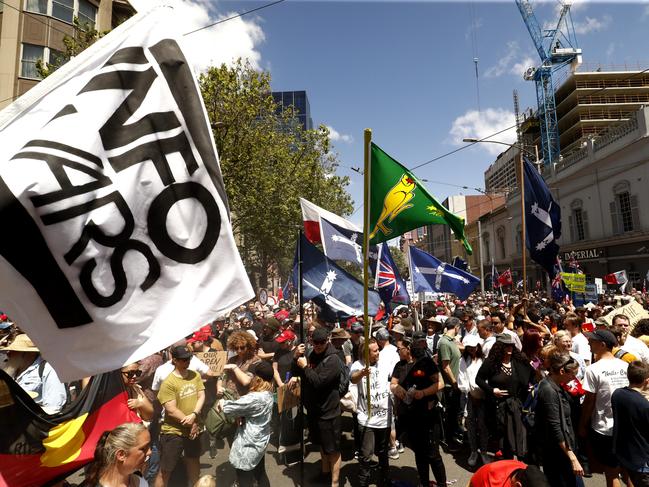 Anti-vaccination protesters gather on Saturday.