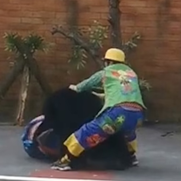 A fellow performer can be seen trying to pull the bear off the man. Picture: Asiawire
