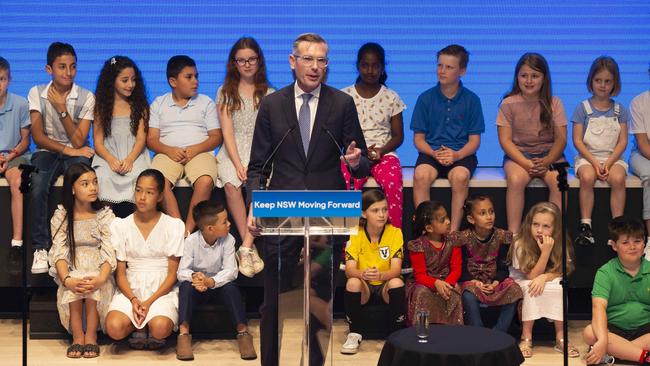 NSW Premier Dominic Perrottet announcing the Kids Future Fund at the Liberal Party Campaign Launch on Sunday. Picture: NewsWire/ Monique Harmer