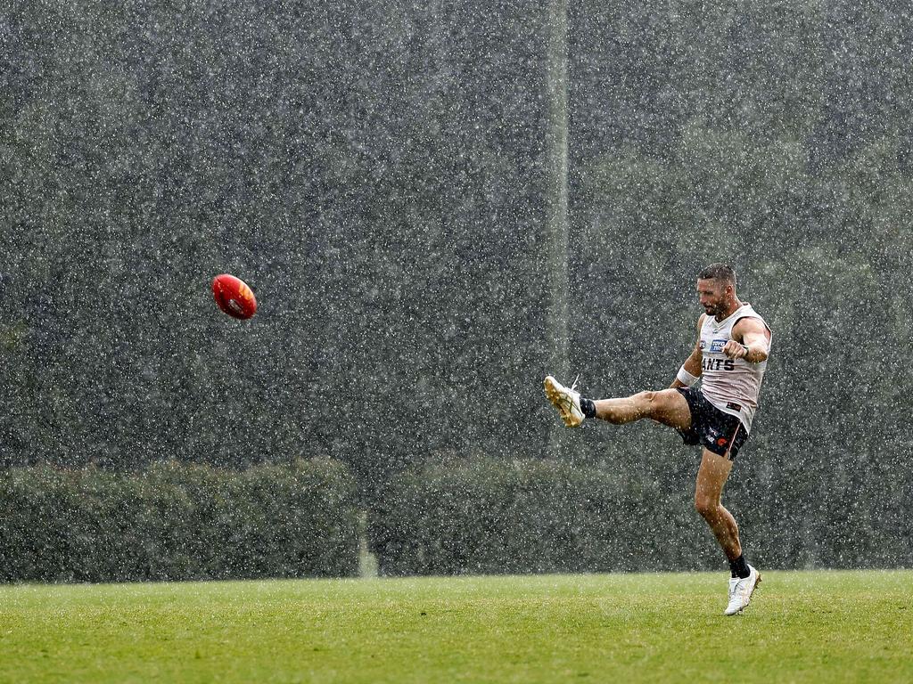 Well after the match had finished, Hogan was one of the last on the track going through extra goal-kicking practice. Picture: Phil Hillyard