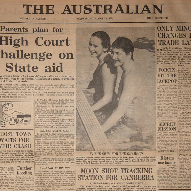 Front page of The Australian on Wednesday, August 5, 1964, shows Olympic swimmers Dawn Fraser, right, and Gillian de Greenlaw, left.