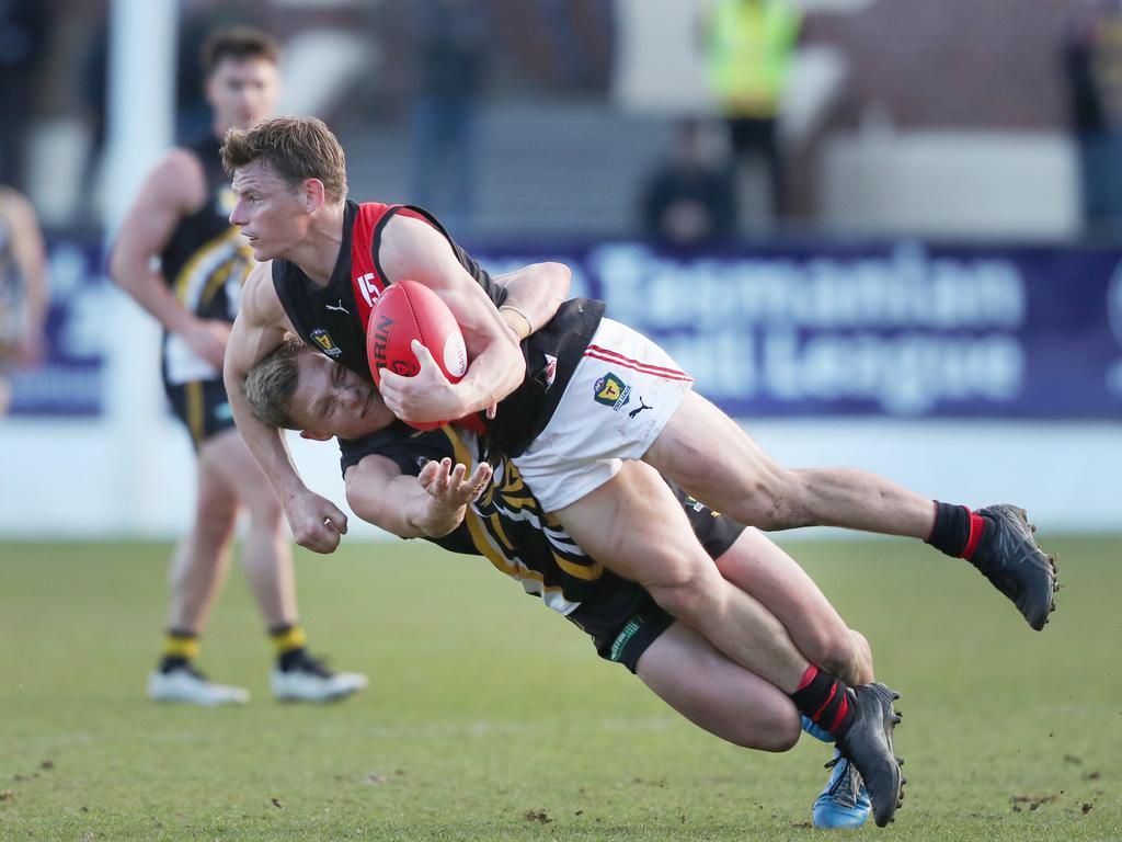 Jack Avent North Launceston and Edward Cole Tigers. TSL grand final Kingborough Tigers V North Launceston. Picture: Nikki Davis-Jones