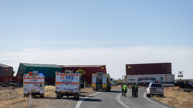 Emergency services and police at the crash scene on the Barrier Highway, Bindarrah. Picture: Andrew Gosling