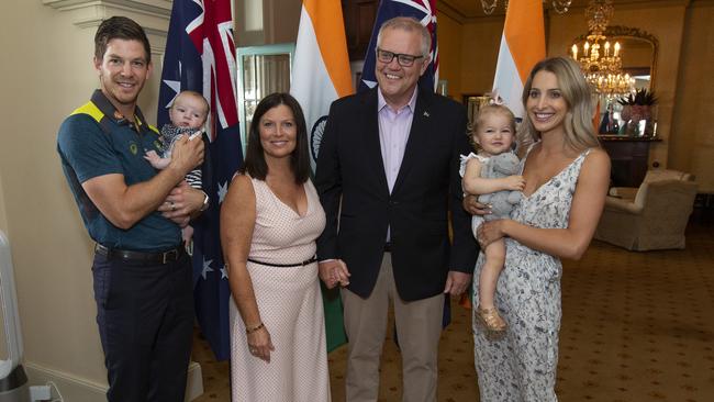 Tim Paine and his wife Bonnie meet Prime Minister Scott Morrison and his wife Jenny on January 1, 2019. Picture: Justin Lloyd