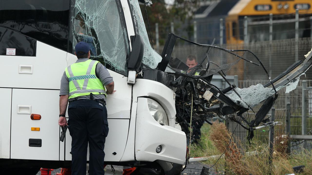 The front of the bus the severely damaged in the collision. Picture: Alison Wynd