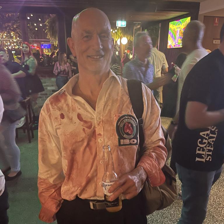 Boxing ref Will Soulas covered in blood after the IBF World Cruiserweight Title fight between Floyd Masson for Queensland and Italy’s Fabio Turchi. Supplied