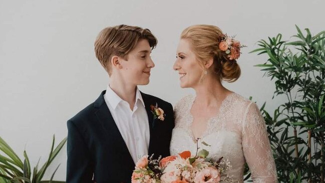 South Australian teen William Pfeiffer with his mother Karen Lynch on her wedding day with now husband Mike Shaw in April 2023. Picture: Supplied