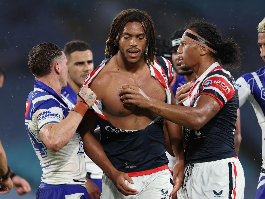 Dominic Young of the Roosters is seen with his jersey ripped following a scuffle that was sparked by his high shot on Blake Taaffe. Picture: Cameron Spencer/Getty Images