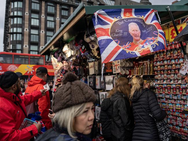 LONDON, ENGLAND - APRIL 24: A commemorative Union Jack King Charles III Coronation flag is displayed for sale at a souvenir shop on April 24, 2023 in London, England. The Coronation of King Charles III and The Queen Consort will take place on May 6, part of a three-day celebration. (Photo by Carl Court/Getty Images)